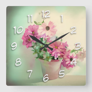 Horloge Carrée Pot de fleurs d'aquarelle rose