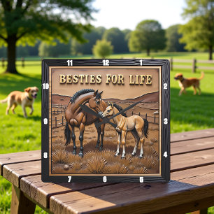 Horloge Carrée Poulain de mère Chevaux Pâturage