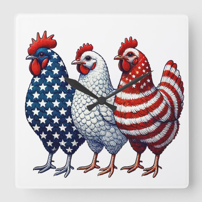 Horloge Carrée Poulets patriotiques (Recto)