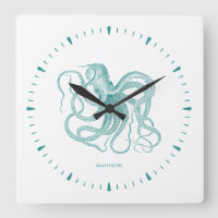poulpe turquoise et chiffres sur monogramme blanc