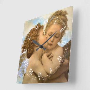 Horloge Carrée Premier Baiser (détail d'ange) de Bouguereau