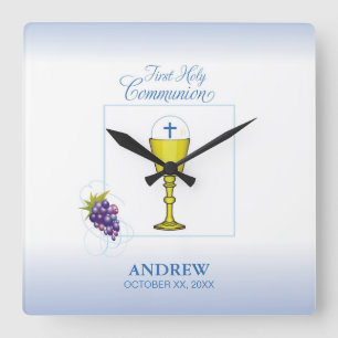 Horloge Carrée Première communion de garçon, Chalice avec hôte et