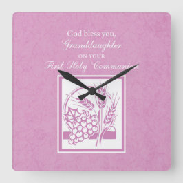 Horloge Carrée Première communion de la petite-fille, rose
