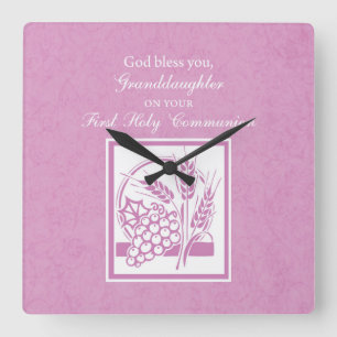 Horloge Carrée Première communion de la petite-fille, rose