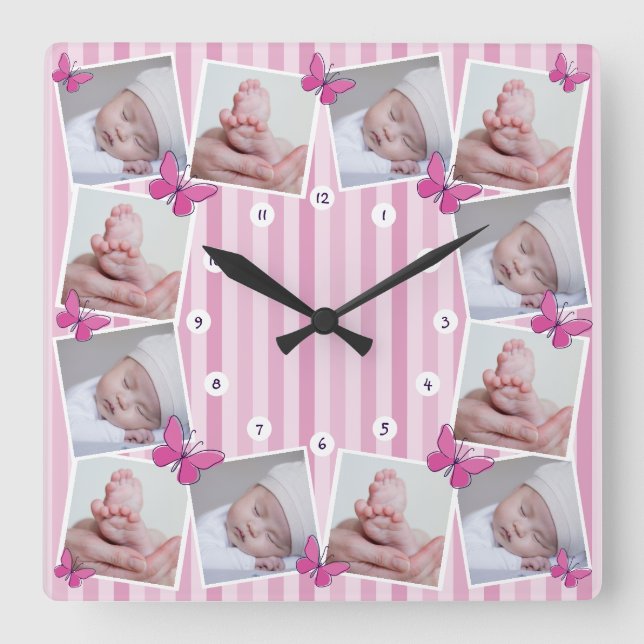 Horloge Carrée Premiers 12 mois Photo de bébé Collage Papillon ro (Recto)
