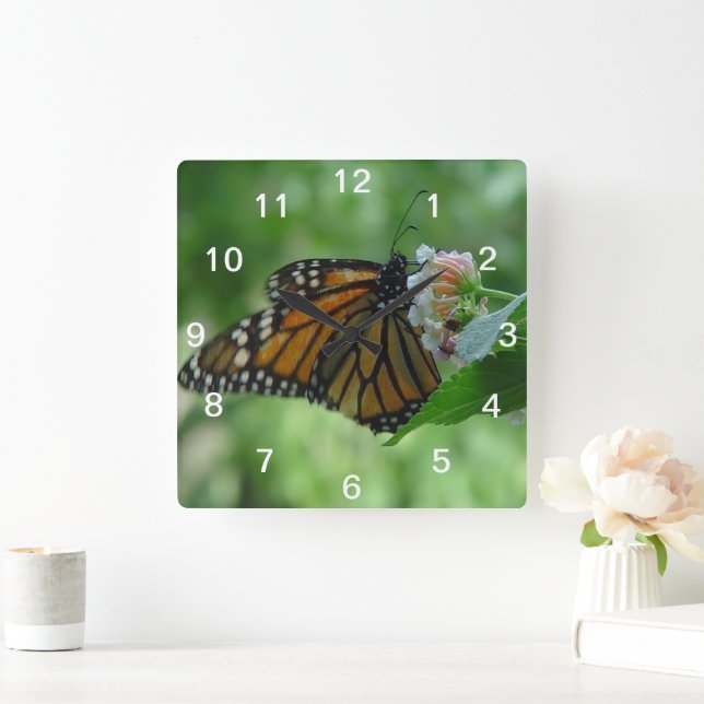 Horloge Carrée Pretty Monarch Butterfly & Pink Flower Wall Clock (Maison)