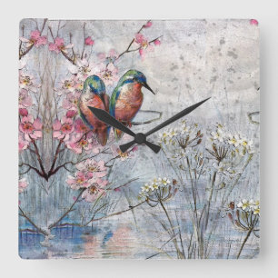 Horloge Carrée Pretty Painted Kingfish and Flowers