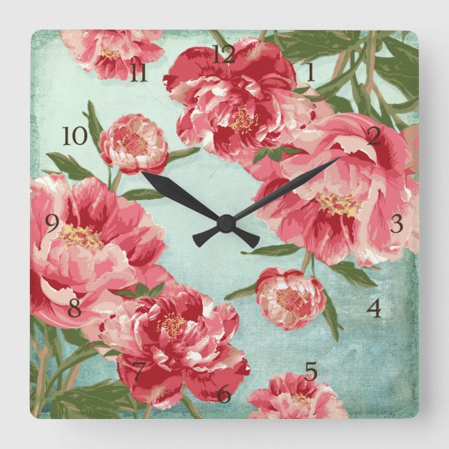 Horloge Carrée Pretty Retro Flower Chintz Peonies (Recto)