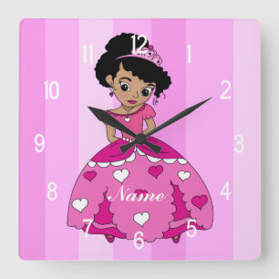 Horloge Carrée princesse noire avec cheveux noirs naturels