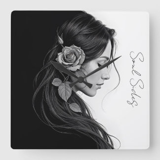 Horloge Carrée Profil féminin artistique avec rose en monochrome