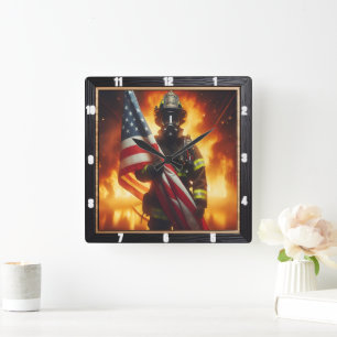 Horloge Carrée Protection contre le drapeau américain Hero Firefi