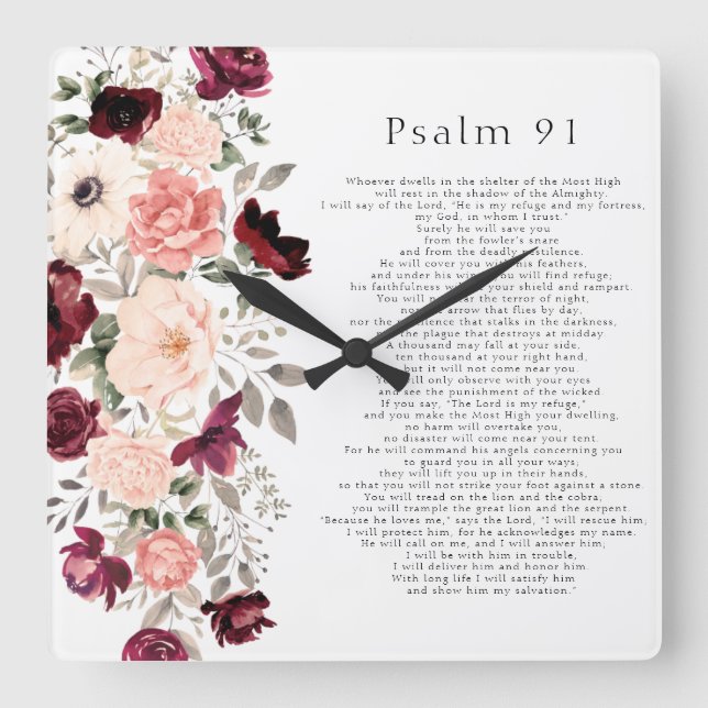 Horloge Carrée Psaume 91 Écriture Bourgogne Blush Floral (Recto)