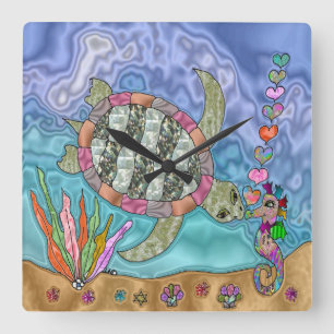 Horloge Carrée Psychédélic Sea Turtle Seahorse