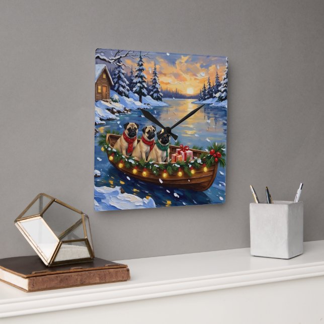 Horloge Carrée Pug Christmas Boat Holiday (Bureau)