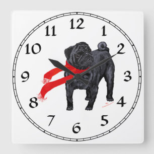 Horloge Carrée Pugs avec Écharpe Rouge