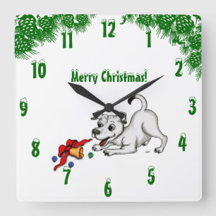 Horloge Carrée Puppy with Bell and Ball , Merry Christmas !