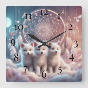Horloge Carrée Pups de loup blanc et Dreamcatcher