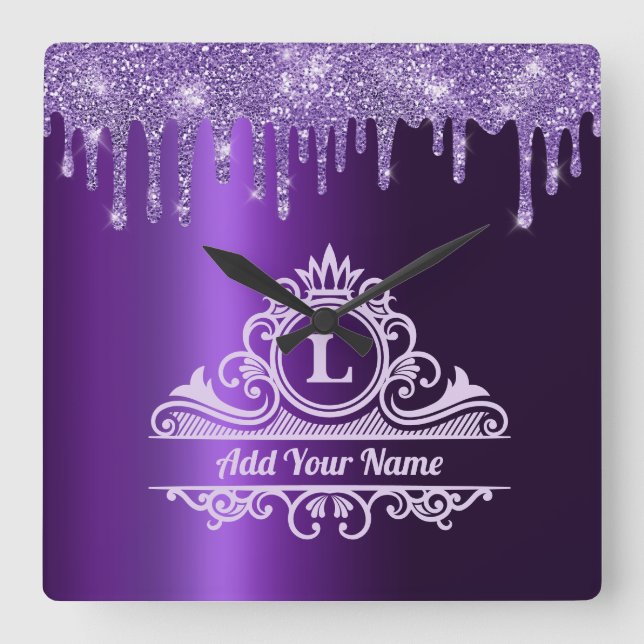 HORLOGE CARRÉE PURPLE GLITTER ELEGANT MONOGRAM WALL CLOCK (Recto)