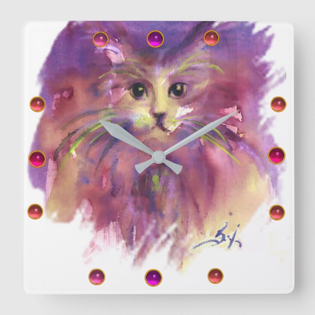 HORLOGE CARRÉE PURPLE KITTEN, CUTE KITTY CAT PORTRAIT DES PEINTUR (Recto)