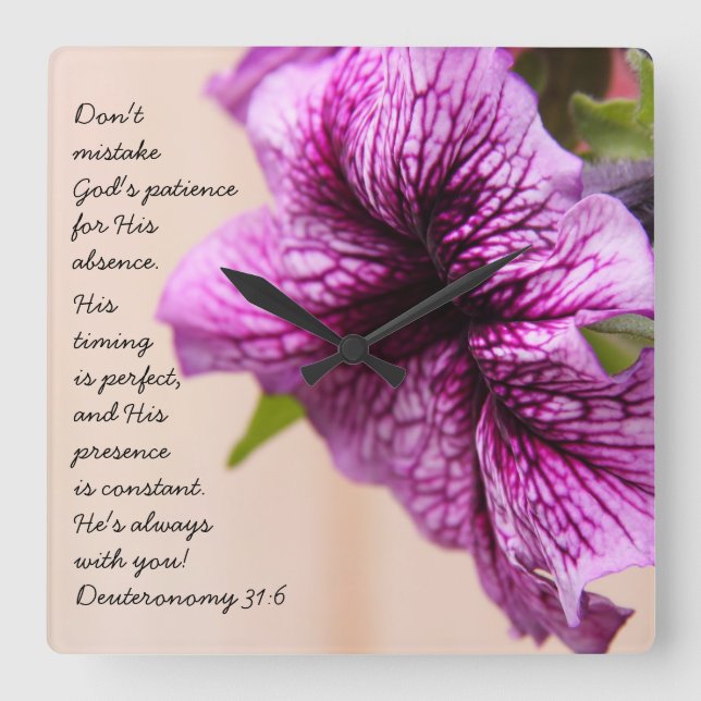 Horloge Carrée Purple Petunia, Scripture quota from Deuteronomy (Recto)