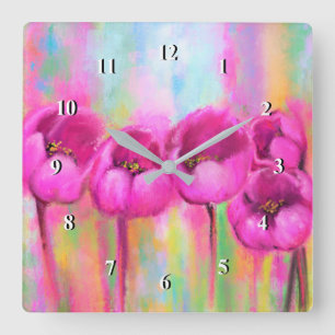Horloge Carrée Purple Pink Tulips - Spring Art Original Painting