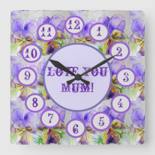 Horloge Carrée Purple Viola Watercolour Floral Acrylic Wall Clock
