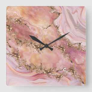 Horloge Carrée quartz rose et marbre rose pastel