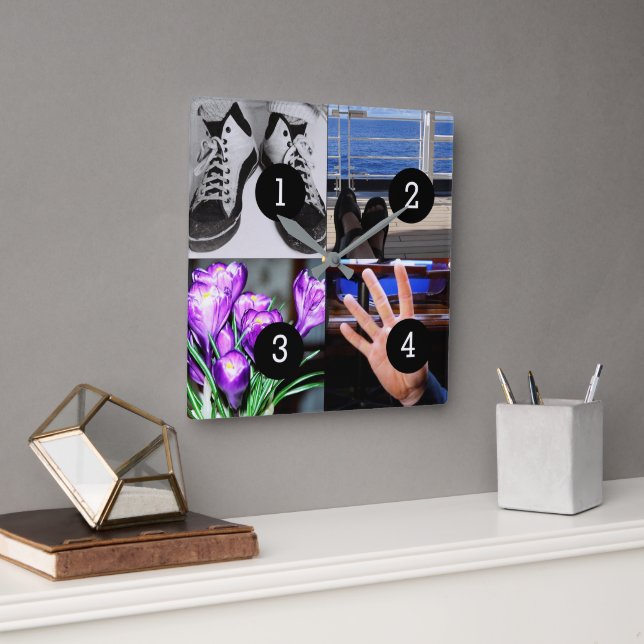 Horloge Carrée Quatre de vos photos font votre propre Keepsaké (Bureau)