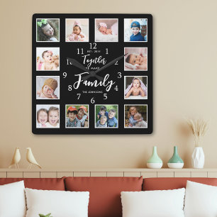 Horloge Carrée Quote de famille personnalisée 12 photo Collage no
