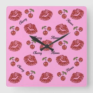 Horloge Carrée RAB Rockabilly Cherry Kisses on Pink