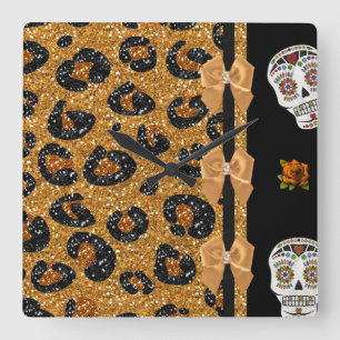 Horloge Carrée RAB Rockabilly Gold Imprimé Léopard Crânes de Sucr