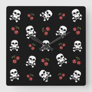 Horloge Carrée RAB Rockabilly Skuls et Cerises sur Noir