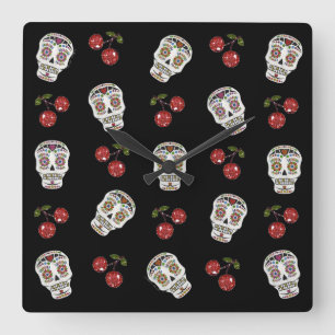 Horloge Carrée RAB Rockabilly Sugar Skulls Cerises Sur Noir