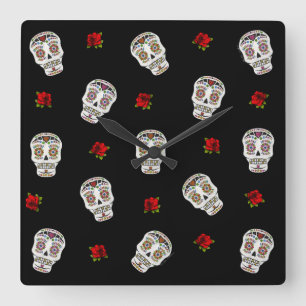 Horloge Carrée RAB Rockabilly Sugar Skulls Roses sur fond noir