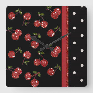 Horloge Carrée RAB Rockabilly très cerise cerises Noir