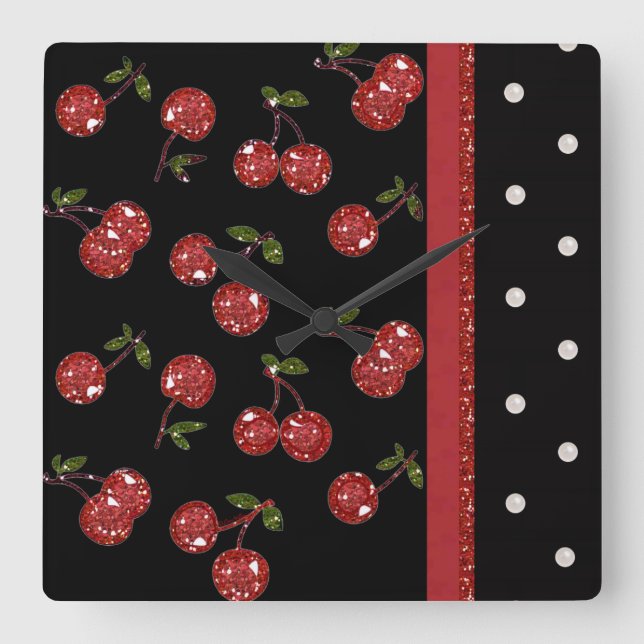 Horloge Carrée RAB Rockabilly très cerise cerises Noir (Recto)