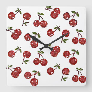 Horloge Carrée RAB Rockabilly très cerise cerises sur blanc