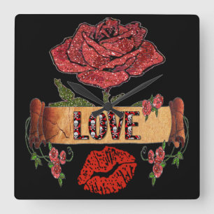 Horloge Carrée RAB Rockabilly Valentine Roses, Love & Lipstick
