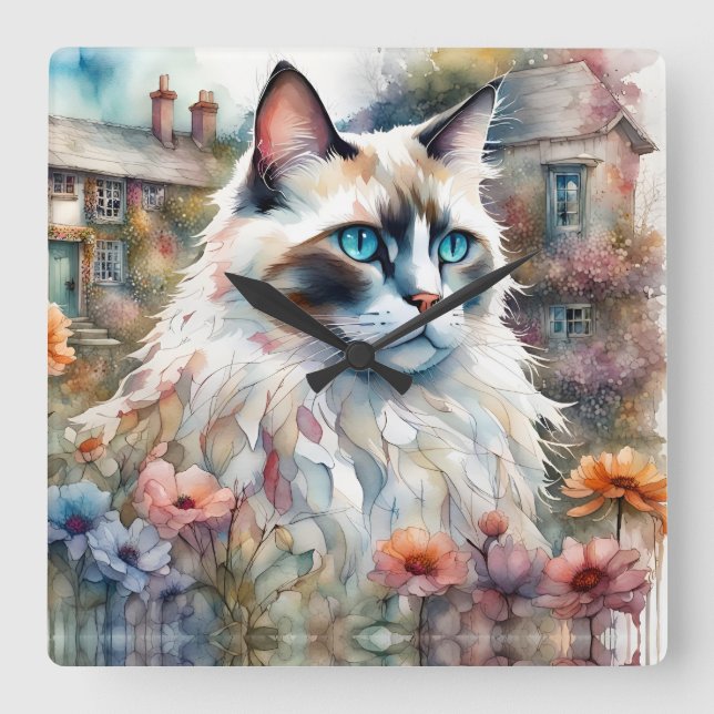 Horloge Carrée Ragdoll Chat en anglais Garden (Recto)