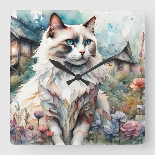 Horloge Carrée Ragdoll Chat en anglais Garden (Recto)