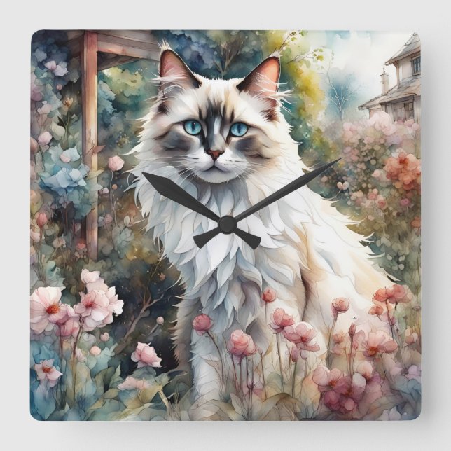 Horloge Carrée Ragdoll Chat en anglais Garden (Recto)