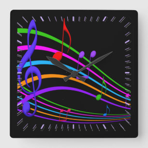 Horloge Carrée Rainbow notes music black wall clock