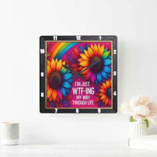 Horloge Carrée Rainbow Sunflower Wtf Life