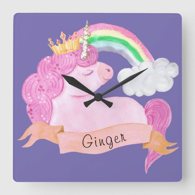 Horloge Carrée 🌈 Rainbow Unicorn Nom personnalisé (Recto)