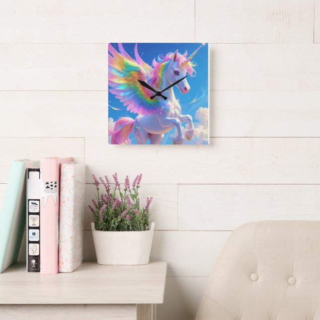 Horloge Carrée Rainbow Winged Prancing Unicorn (Salle de lecture)