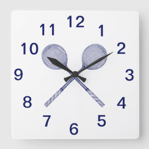 Horloge Carrée Raquettes de squash croisées Bleu
