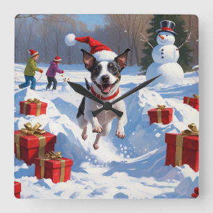 Horloge Carrée Rat Terrier courant dans la neige avec un chapeau