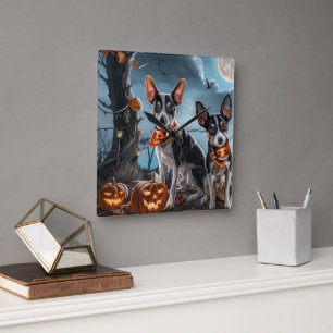 Horloge Carrée Rat Terrier Halloween Éffrayant