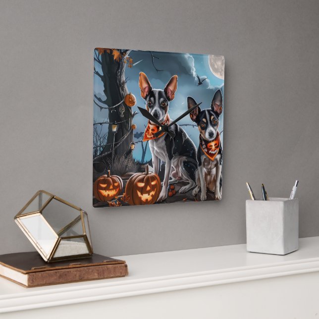 Horloge Carrée Rat Terrier Halloween Éffrayant (Bureau)