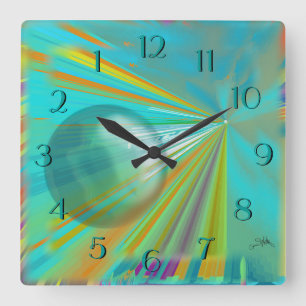 Horloge Carrée Rays on Planet Abstract Design in Turquoise
